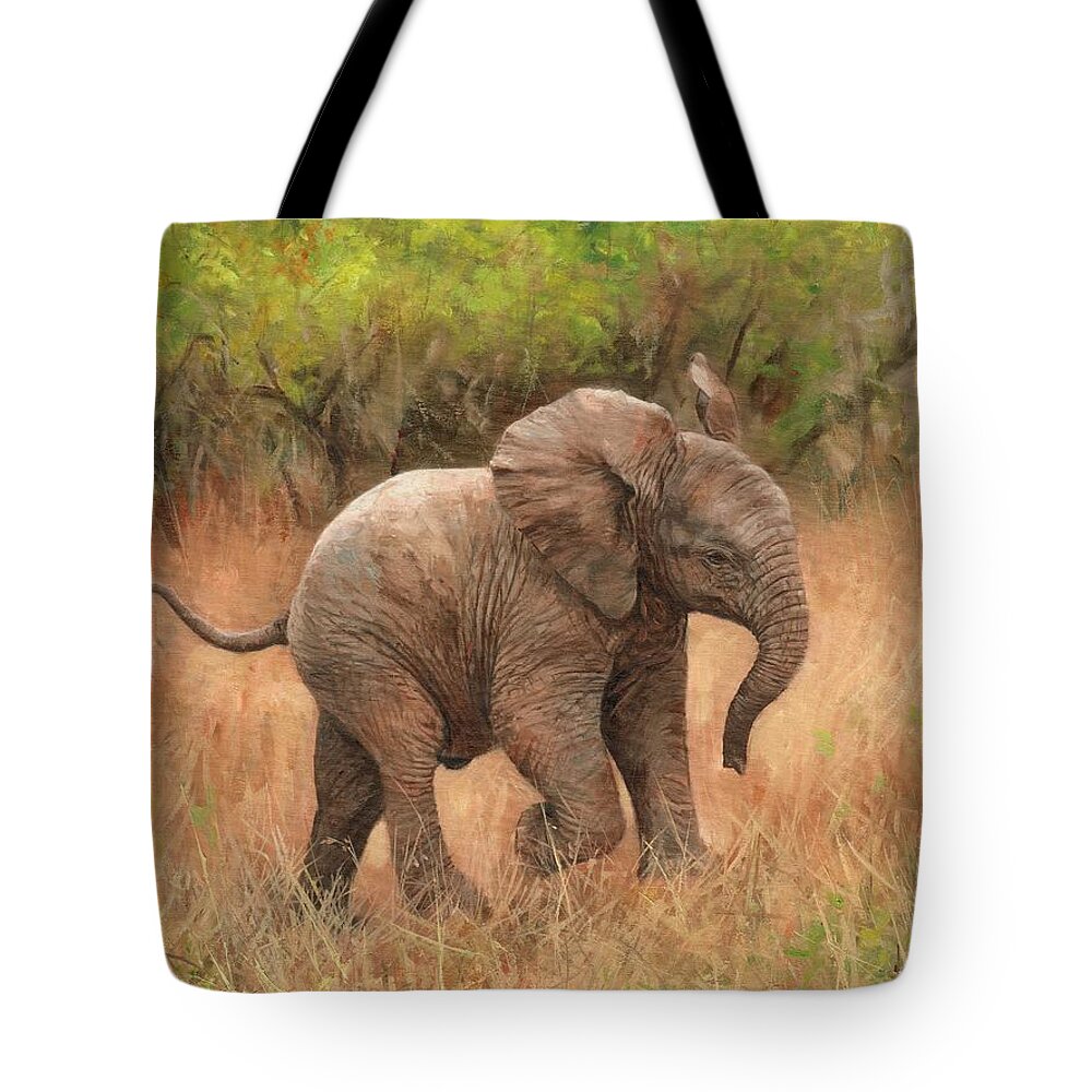 Elephant Tote Bag featuring the painting Baby African Elelphant by David Stribbling