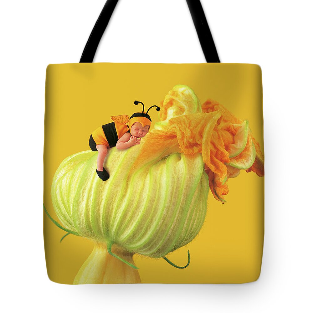 Yellow Tote Bag featuring the photograph Baby Bee on a Pumpkin Flower by Anne Geddes