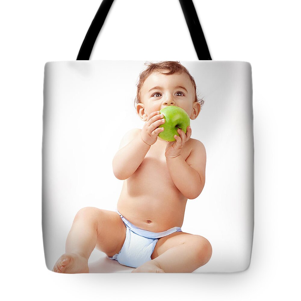 Adorable Tote Bag featuring the photograph Baby boy eating apple by Anna Om