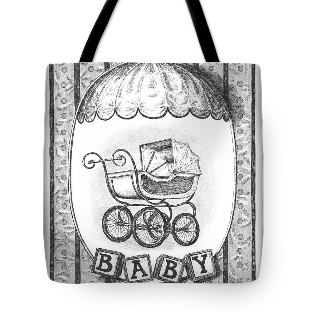 Black Tote Bag featuring the drawing Baby Carriage by Adam Zebediah Joseph