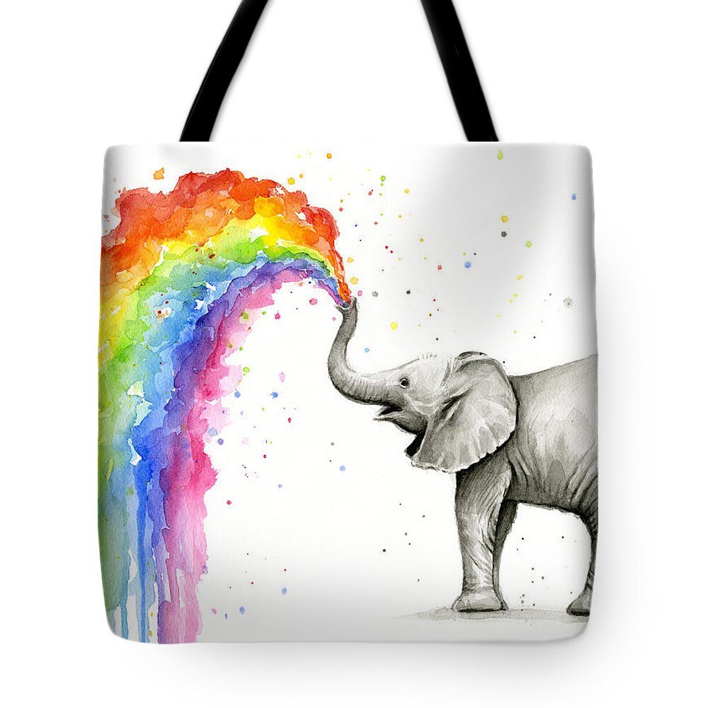 Baby Tote Bag featuring the painting Baby Elephant Spraying Rainbow by Olga Shvartsur