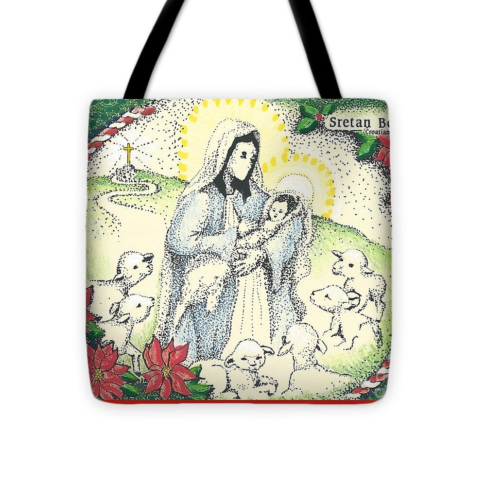 Christmas Tote Bag featuring the mixed media Baby Jesus in Medjugorje by Christina Verdgeline