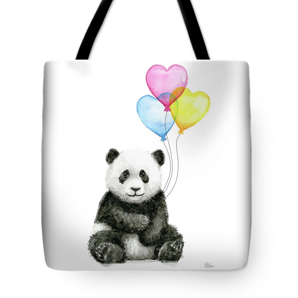 Baby Panda Tote Bag featuring the painting Baby Panda with Heart-Shaped Balloons by Olga Shvartsur