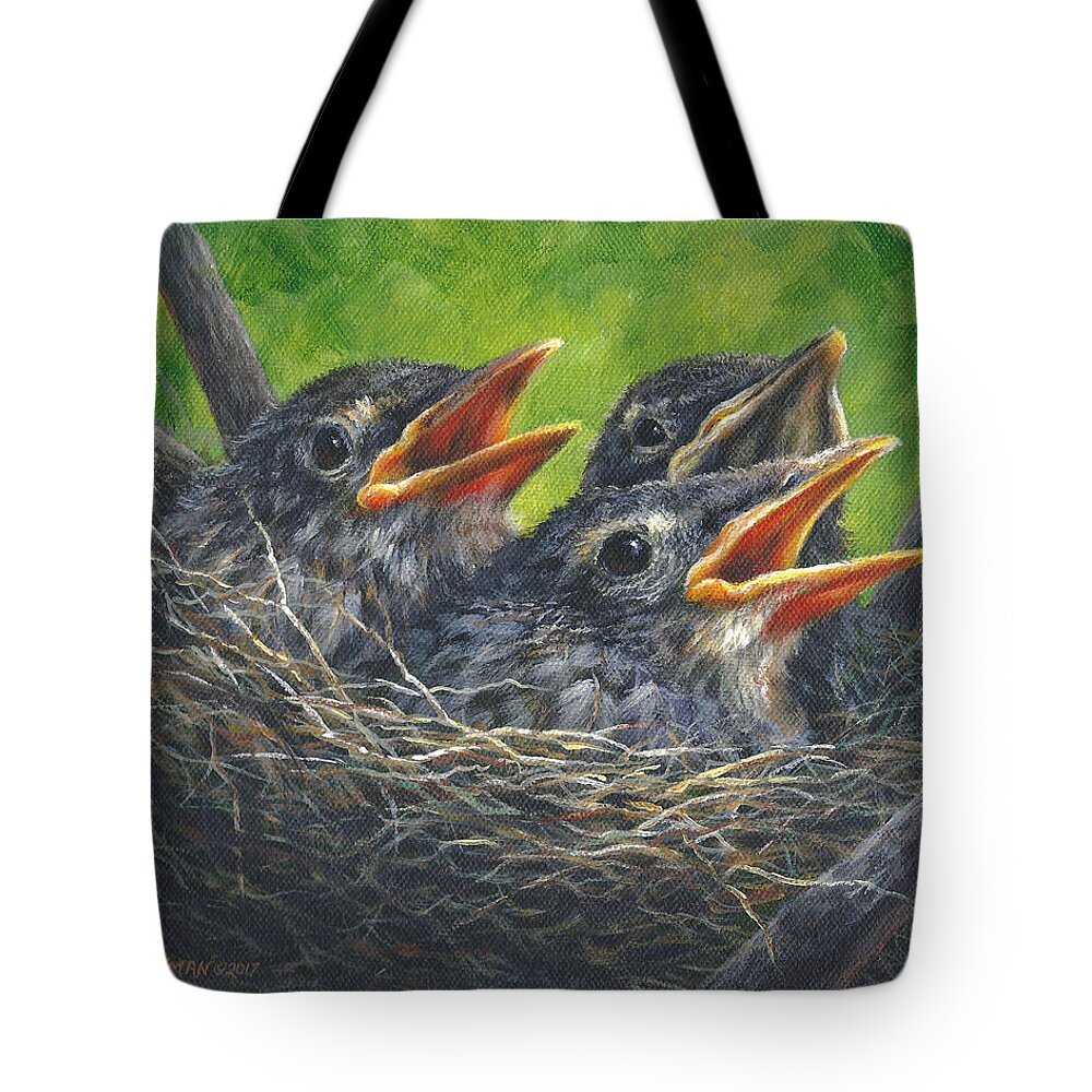 Baby Robins Tote Bag featuring the painting Baby Robins by Kim Lockman