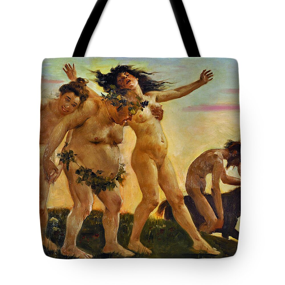 Lovis Corinth Tote Bag featuring the painting Baccants Returning Home by Lovis Corinth