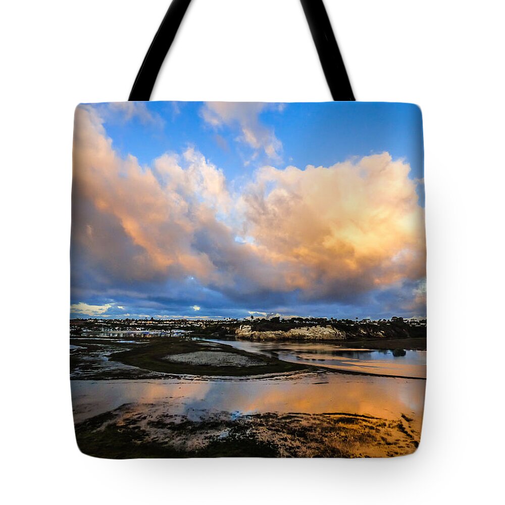 Back Bay Tote Bag featuring the photograph Back Bay Sunrise Clouds by Pamela Newcomb