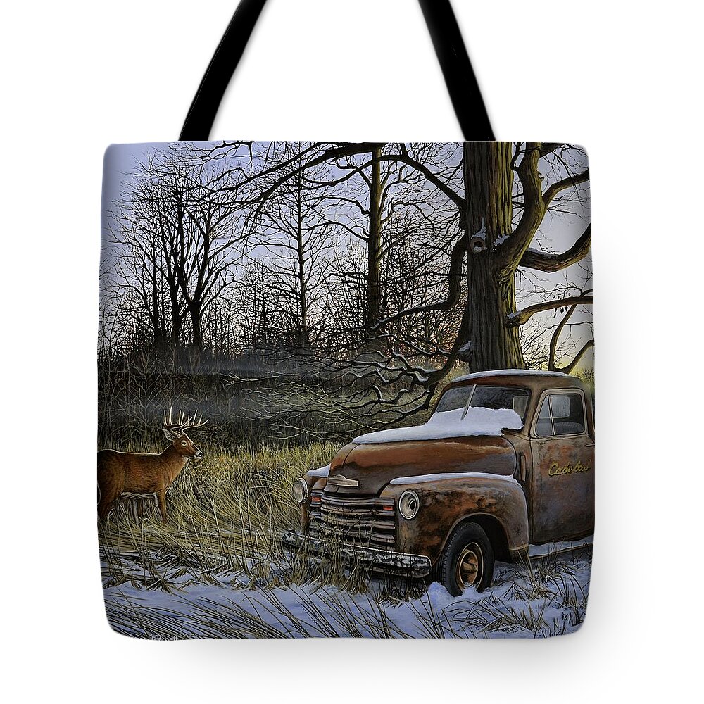 Cabelas Tote Bag featuring the painting Back Forty by Anthony J Padgett