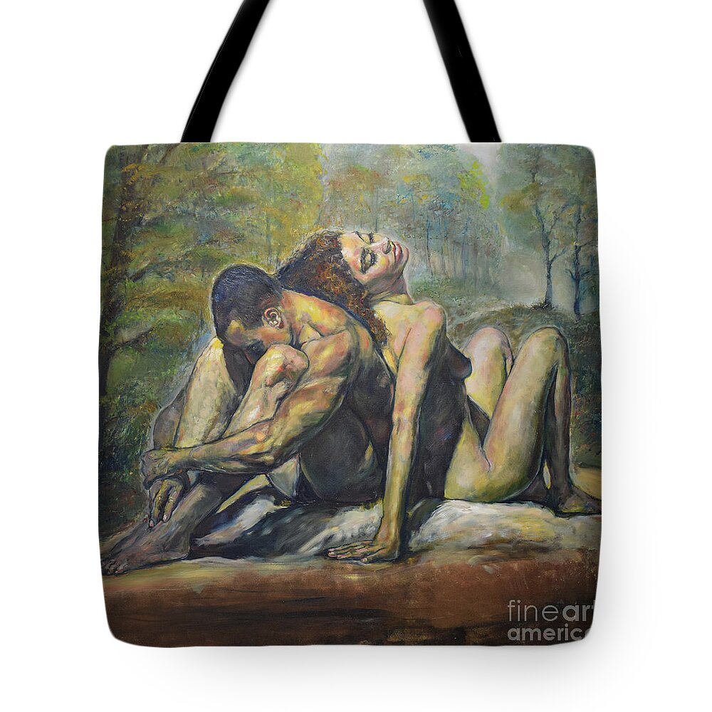 Nude In Art Tote Bag featuring the painting Back to Back in the Forest by Raija Merila