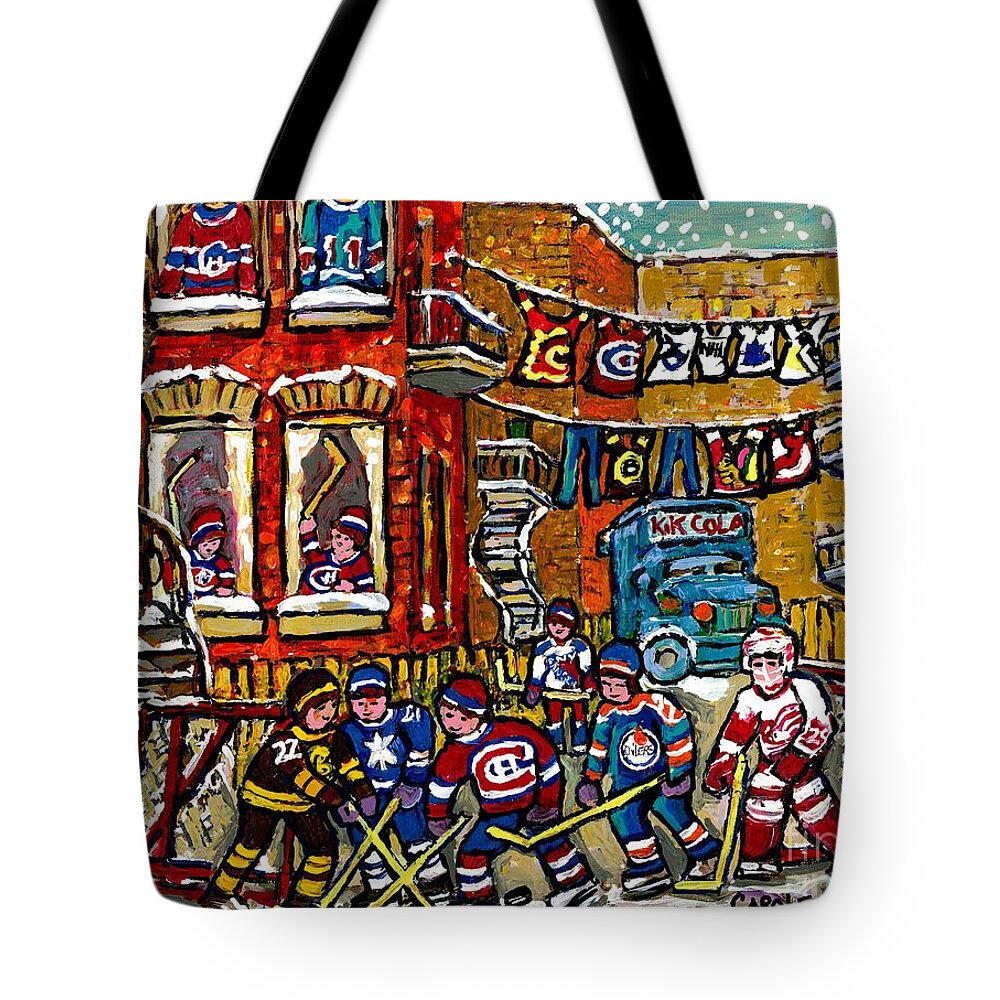 Montreal Tote Bag featuring the painting Backlane Winter In The City Original Six Hockey Art Verdun Montreal Snowy Alley Laneway Canadian Art by Carole Spandau