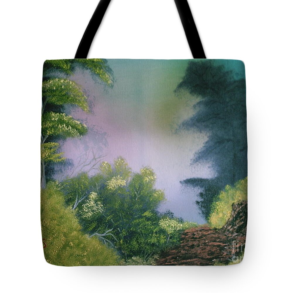 Landscape Tote Bag featuring the painting Backwoods Mist by Jim Saltis