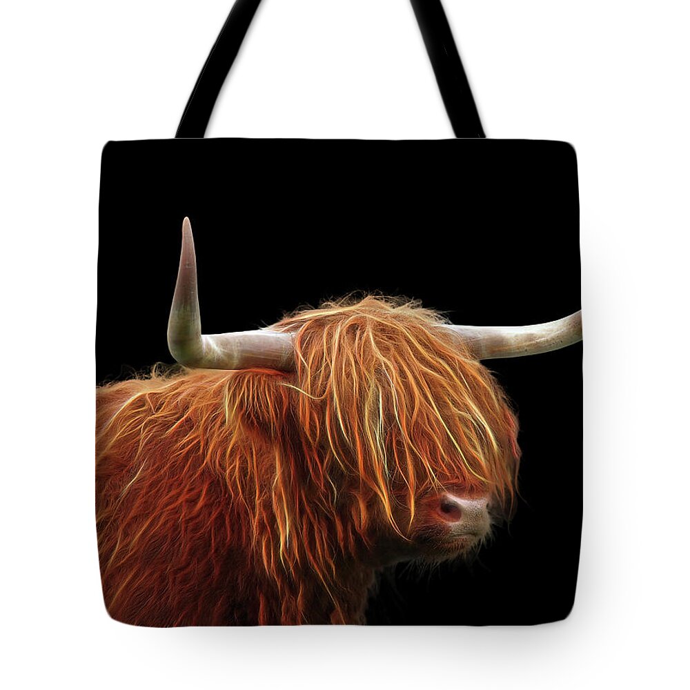 Highland Cow Tote Bag featuring the photograph Bad Hair Day - Highland Cow - On Black by Gill Billington