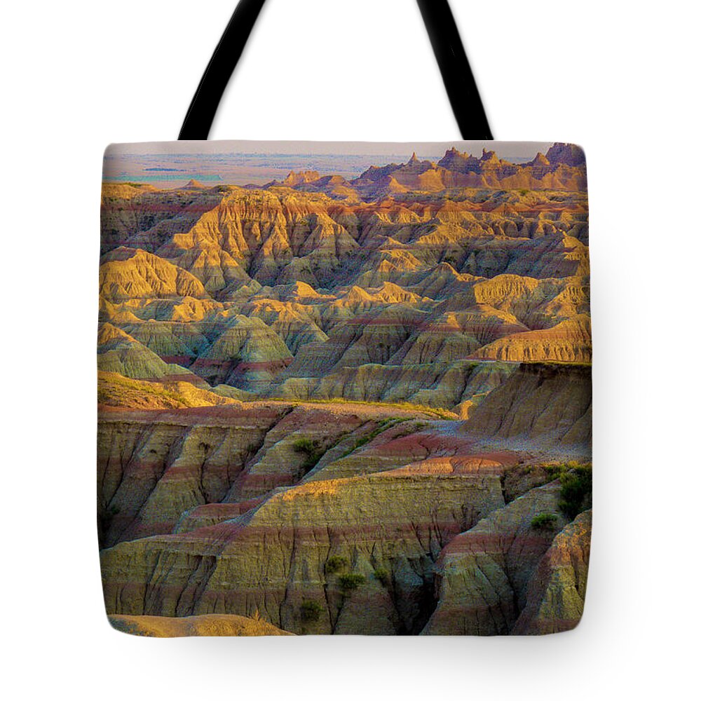 Badlands Tote Bag featuring the photograph Badlands Stripes and Sunrise Path by Patti Deters