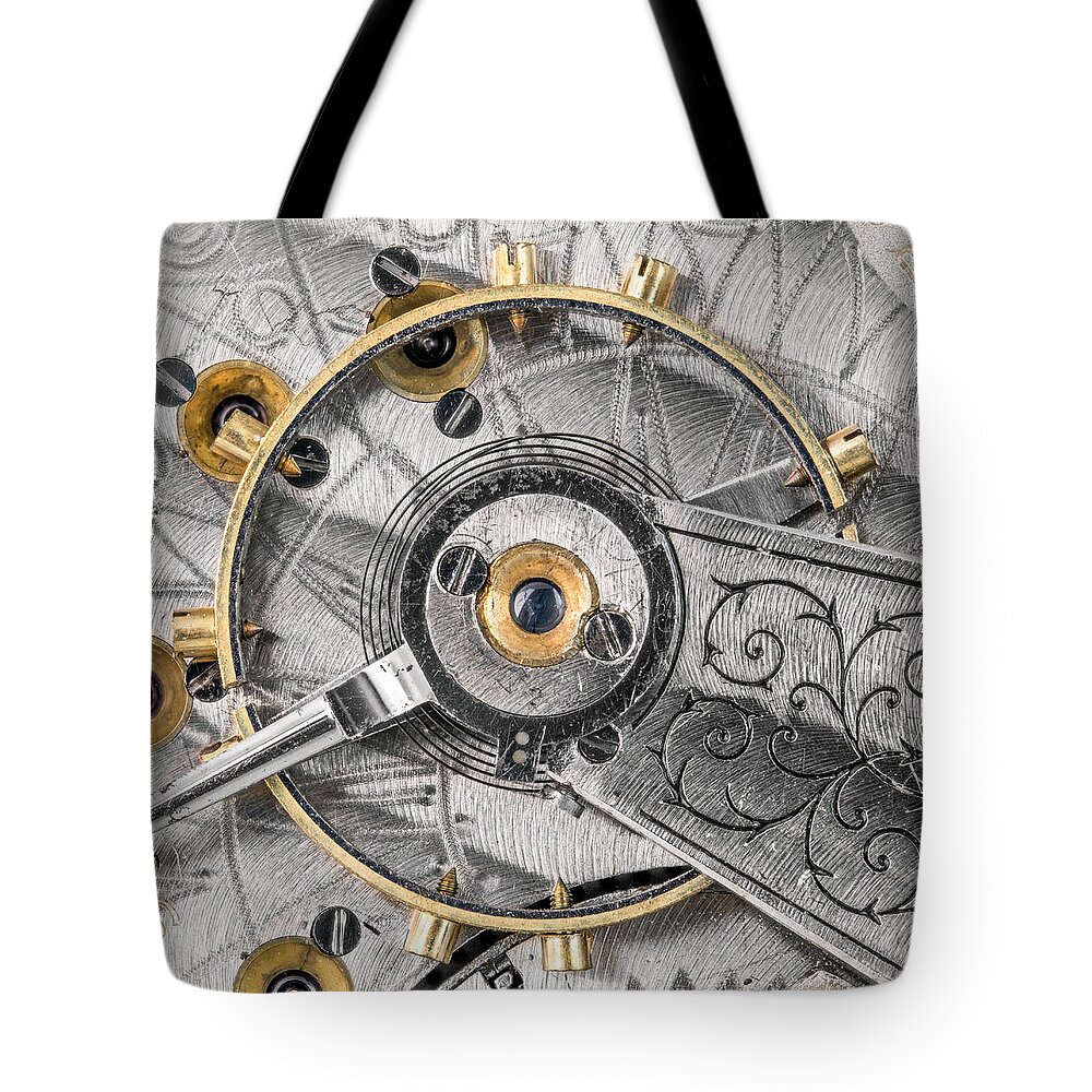 Watch Tote Bag featuring the photograph Balance wheel of an antique pocketwatch by Jim Hughes