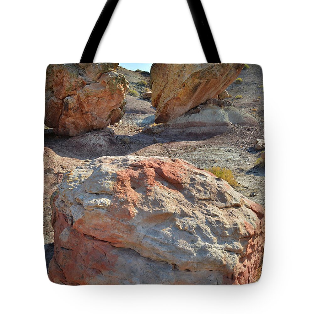 Grand Junction Tote Bag featuring the photograph Balanced Boulders in Bentonite Site by Ray Mathis