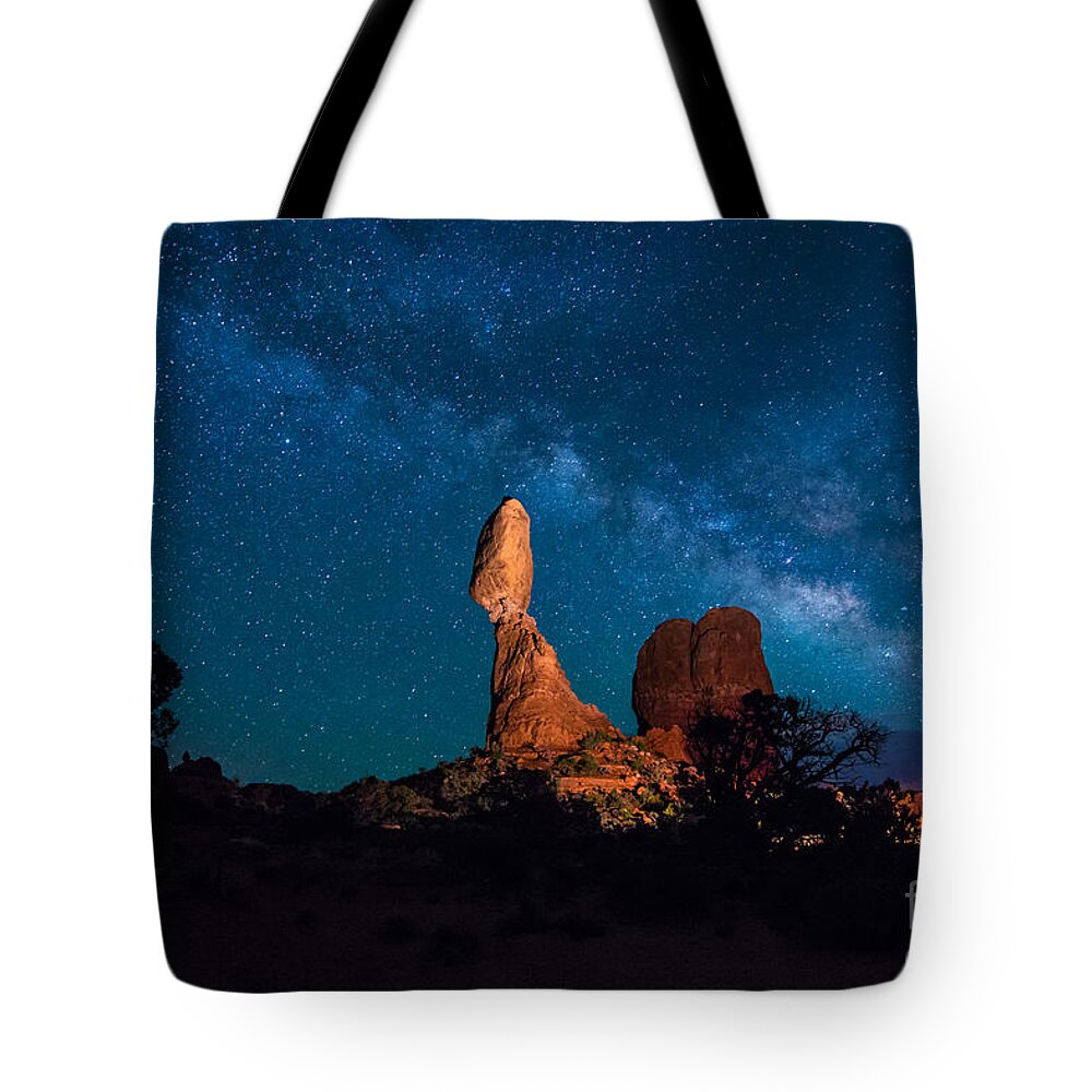 Utah Tote Bag featuring the photograph Balanced Rock and Milky Way at Night by Gary Whitton