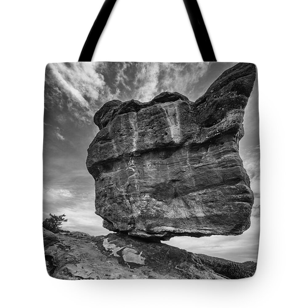 Sky Tote Bag featuring the photograph Balanced Rock Monochrome by Darren White