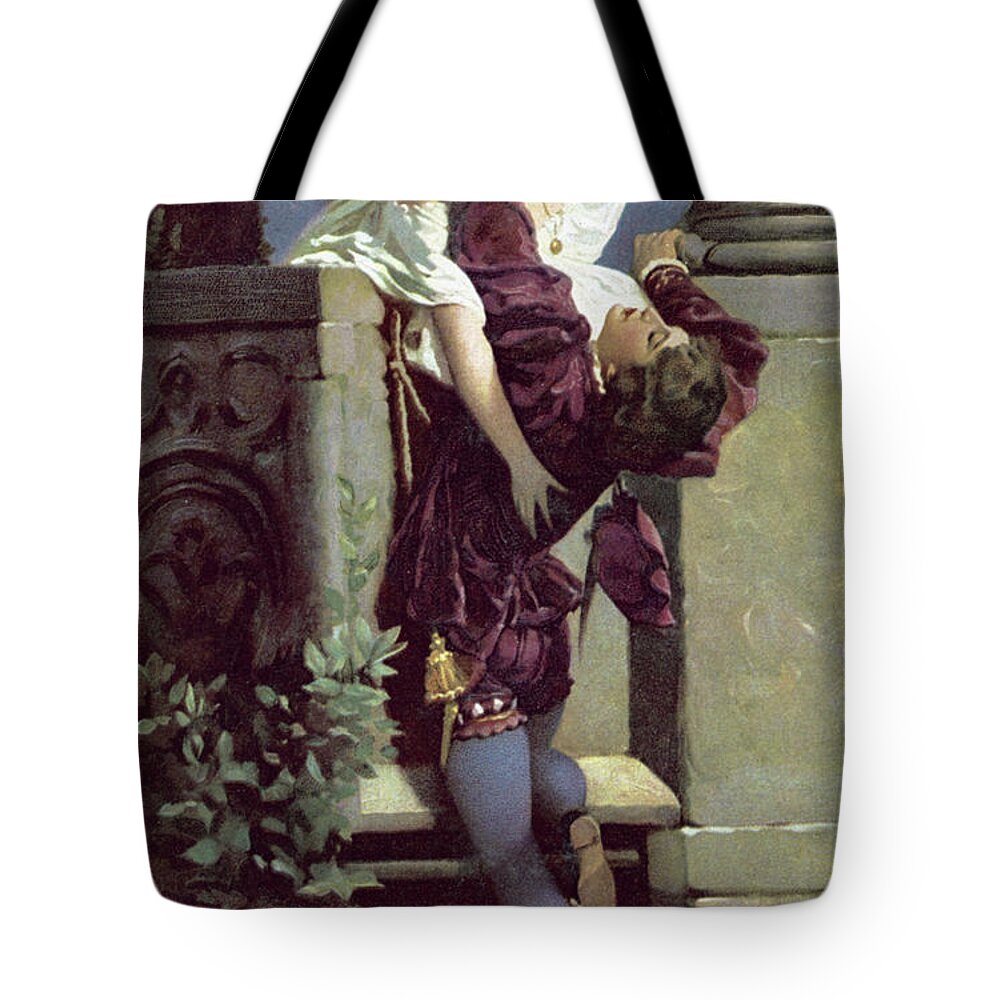 Romeo And Juliet Tote Bag featuring the painting Balcony scene, Romeo and Juliet by English School
