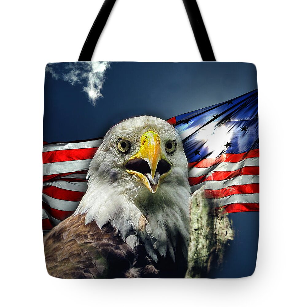 Bald Eagle Tote Bag featuring the photograph Bald Eagle and American Flag Patriotism by Bill Swartwout