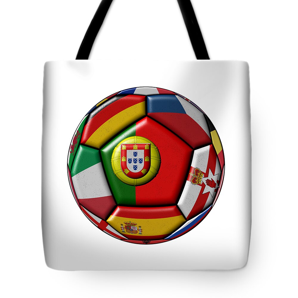 Europe Tote Bag featuring the digital art Ball with flag of Portugal in the center by Michal Boubin