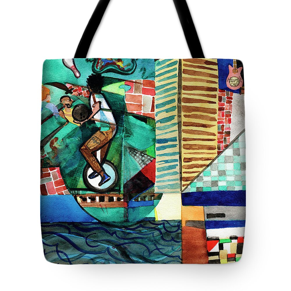 Inner Harbor Tote Bag featuring the painting Baltimore Inner Harbor Street Performer by David Ralph