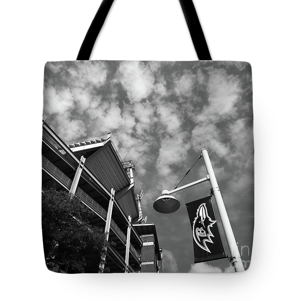 Baltimore Ravens Tote Bag featuring the photograph Baltimore Ravens NFL Stadium Black and White by James Brunker