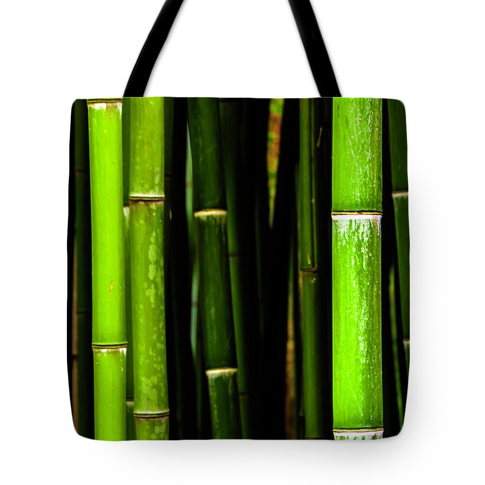 Green Bamboo Tote Bag featuring the photograph Bamboo Sticks by Wolfgang Stocker