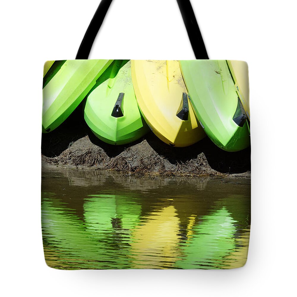 Banana Boats Tote Bag featuring the photograph Banana Boats -- Kayaks at Hume Lake Christian Camps, California by Darin Volpe