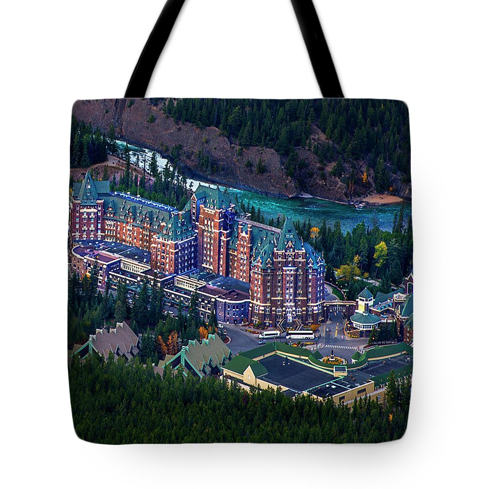 Golden Tote Bag featuring the photograph Banff Springs Hotel by John Poon