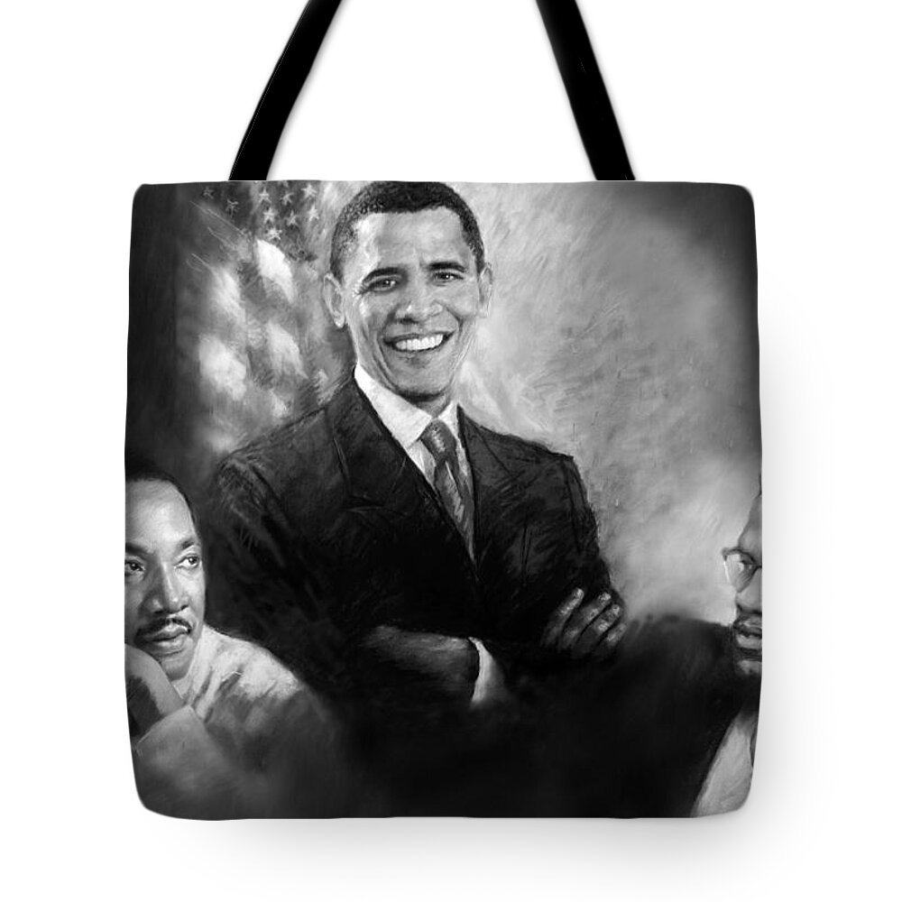 Barack Obama Tote Bag featuring the pastel Barack Obama Martin Luther King Jr and Malcolm X by Ylli Haruni