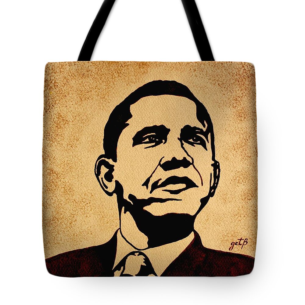 Barack Obama Coffee Painting Pop Art Tote Bag featuring the painting Barack Obama original coffee painting by Georgeta Blanaru