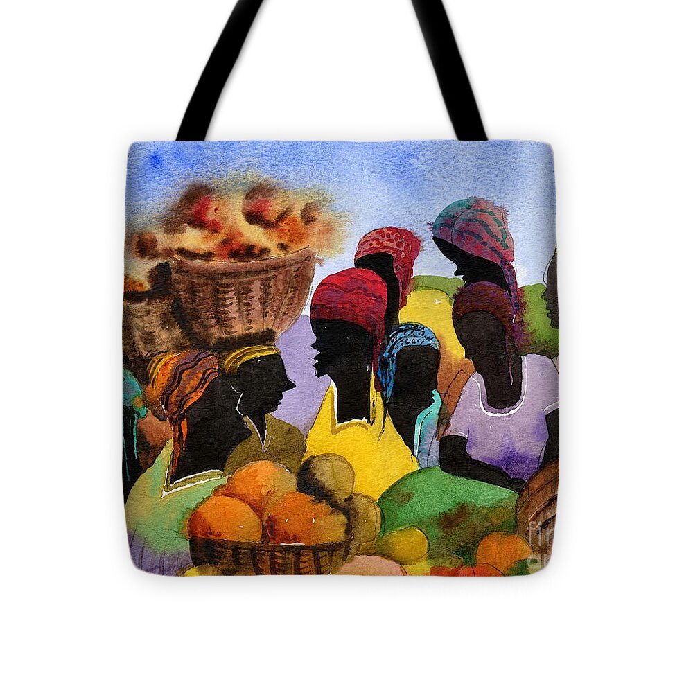  Tote Bag featuring the painting Barbados Marketplace by Val Byrne