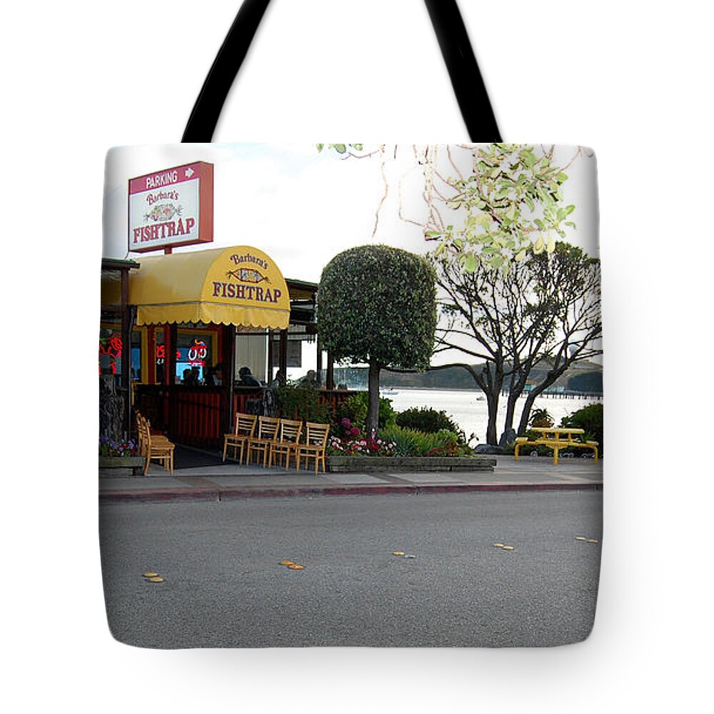 Pillar Point Harbor Tote Bag featuring the photograph Barbara's Fishtrap restaurant by Carolyn Donnell