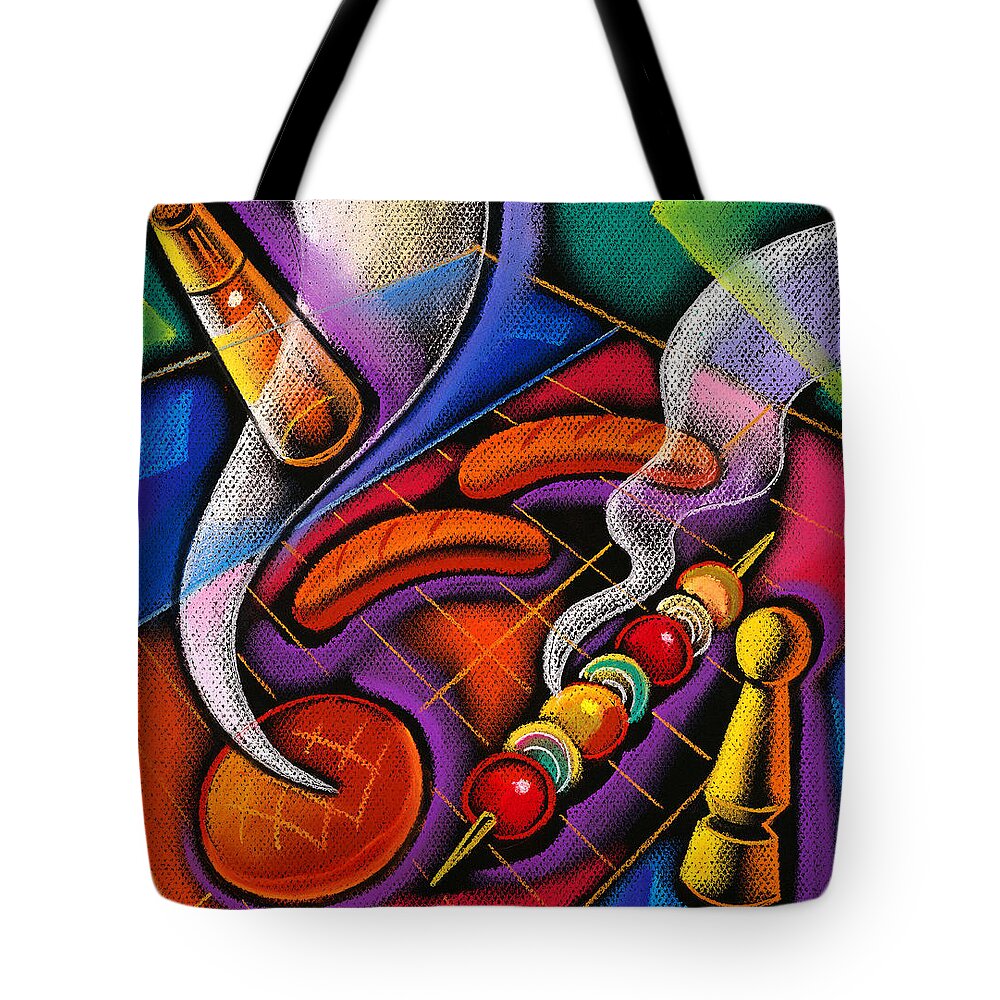 Barbecue Barbecue Grill Barbeque Bbq Close-up Colour Day Food And Drink Grilled Heat Illustration And Painting Nobody Outdoors Sausage Sausages Summer Vertical Decorative Art Abstract Painting Tote Bag featuring the painting Barbecue by Leon Zernitsky