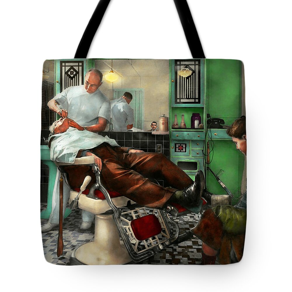 Barber Tote Bag featuring the photograph Barber - Shave - Pennepacker's barber shop 1942 by Mike Savad