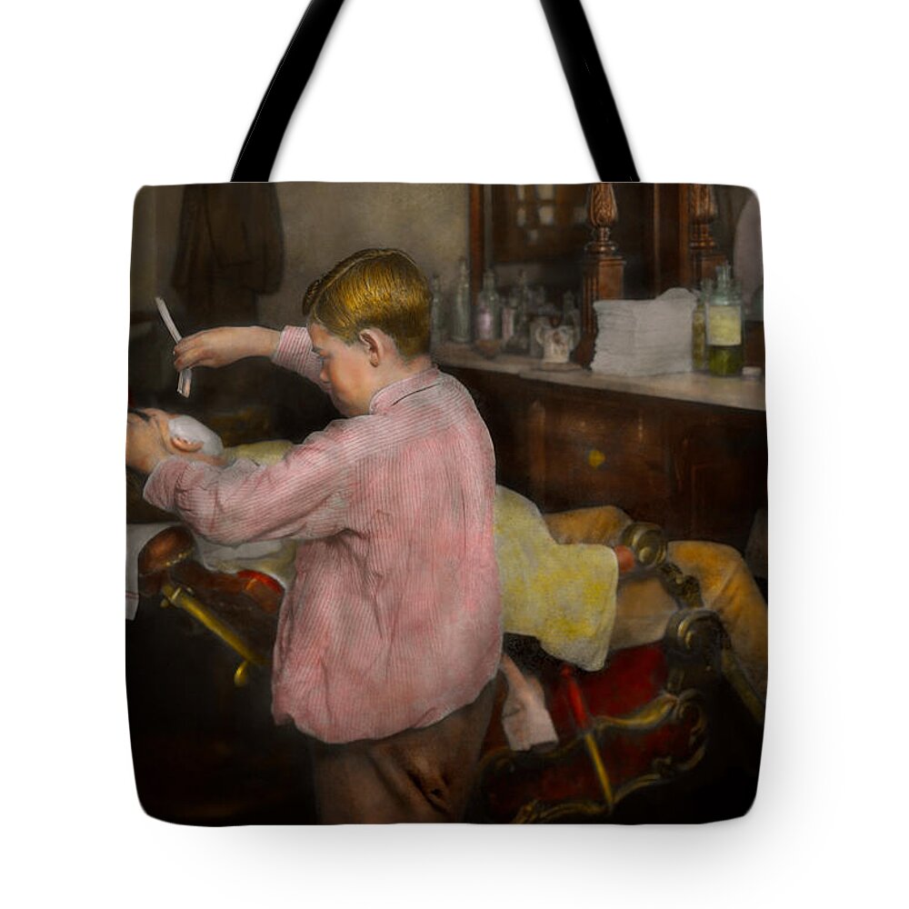 Child Labor Tote Bag featuring the photograph Barber - Shaving - Faith in a child - 1917 by Mike Savad