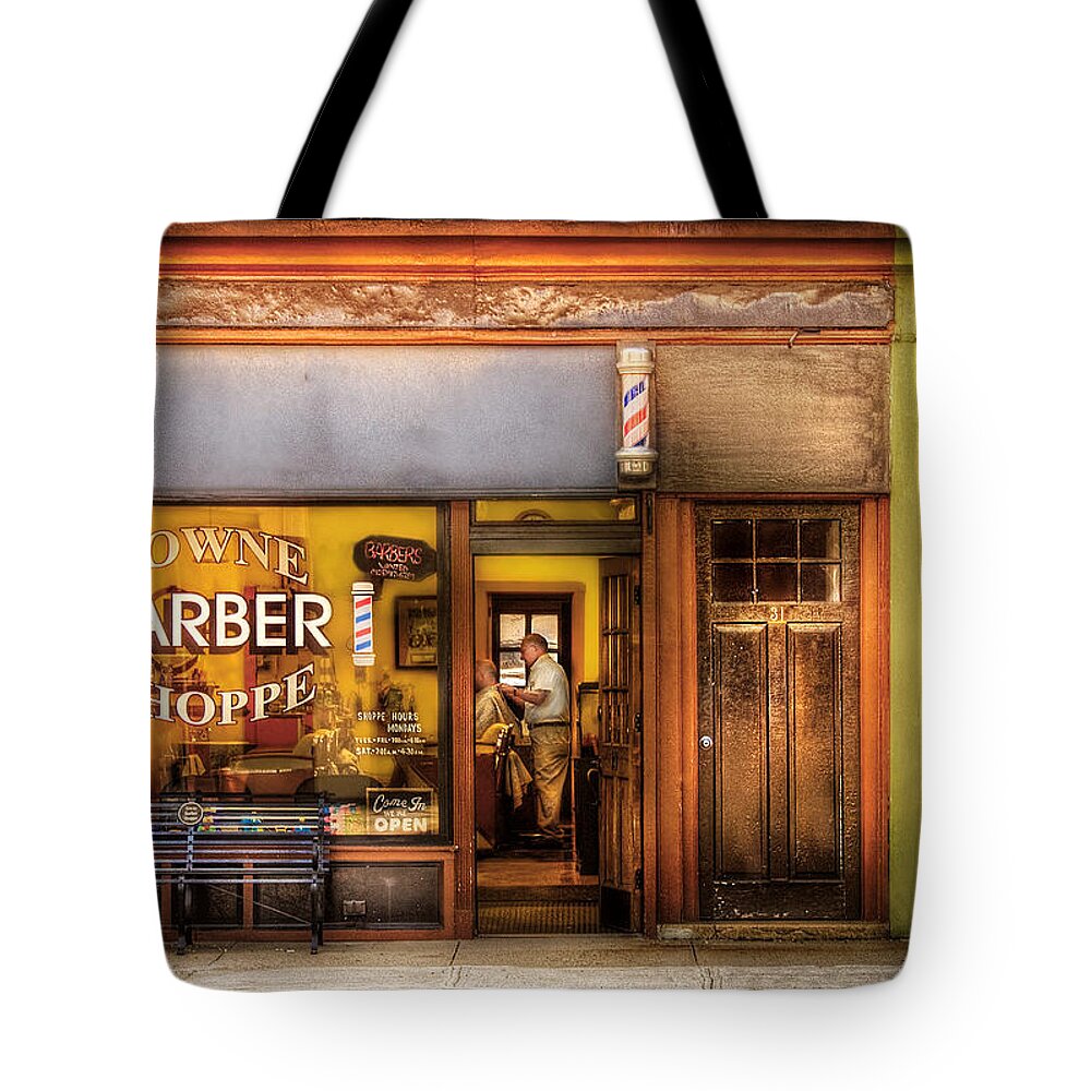 Hair Tote Bag featuring the photograph Barber - Towne Barber Shop by Mike Savad