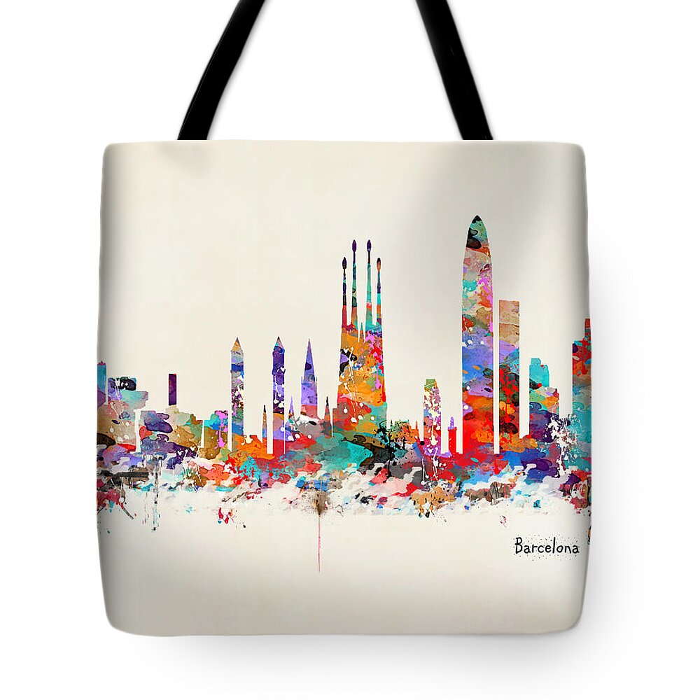 Barcelona Tote Bag featuring the painting Barcelona City Skyline by Bri Buckley