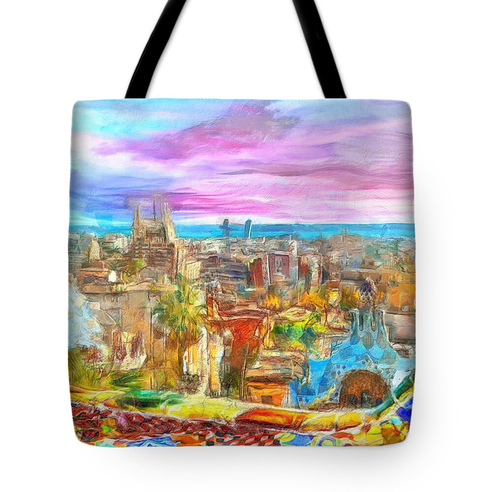 Park Guell Landscape Tote Bag featuring the painting Barcelona from Park Guell by Stefano Senise