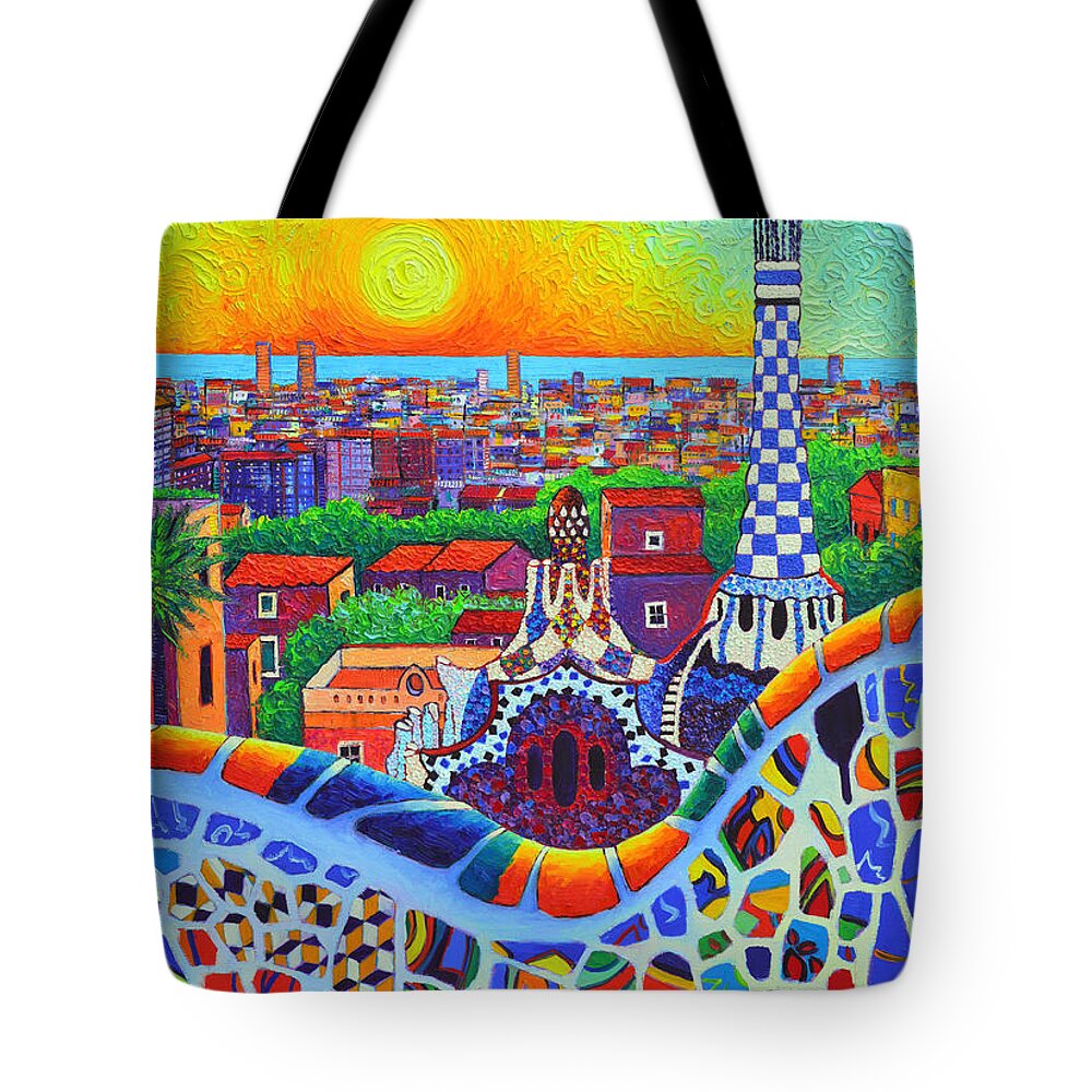 Barcelona Tote Bag featuring the painting Barcelona Park Guell Sunrise Gaudi Tower Textural Impasto Knife Oil Painting By Ana Maria Edulescu by Ana Maria Edulescu