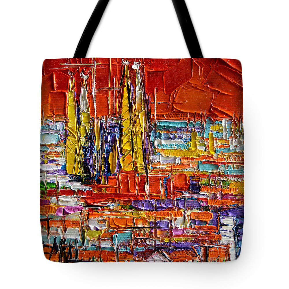 Barcelona View From Parc Guell Tote Bag featuring the painting BARCELONA SAGRADA FAMILIA VIEW FROM PARC GUELL abstract palette knife oil painting by Mona Edulesco
