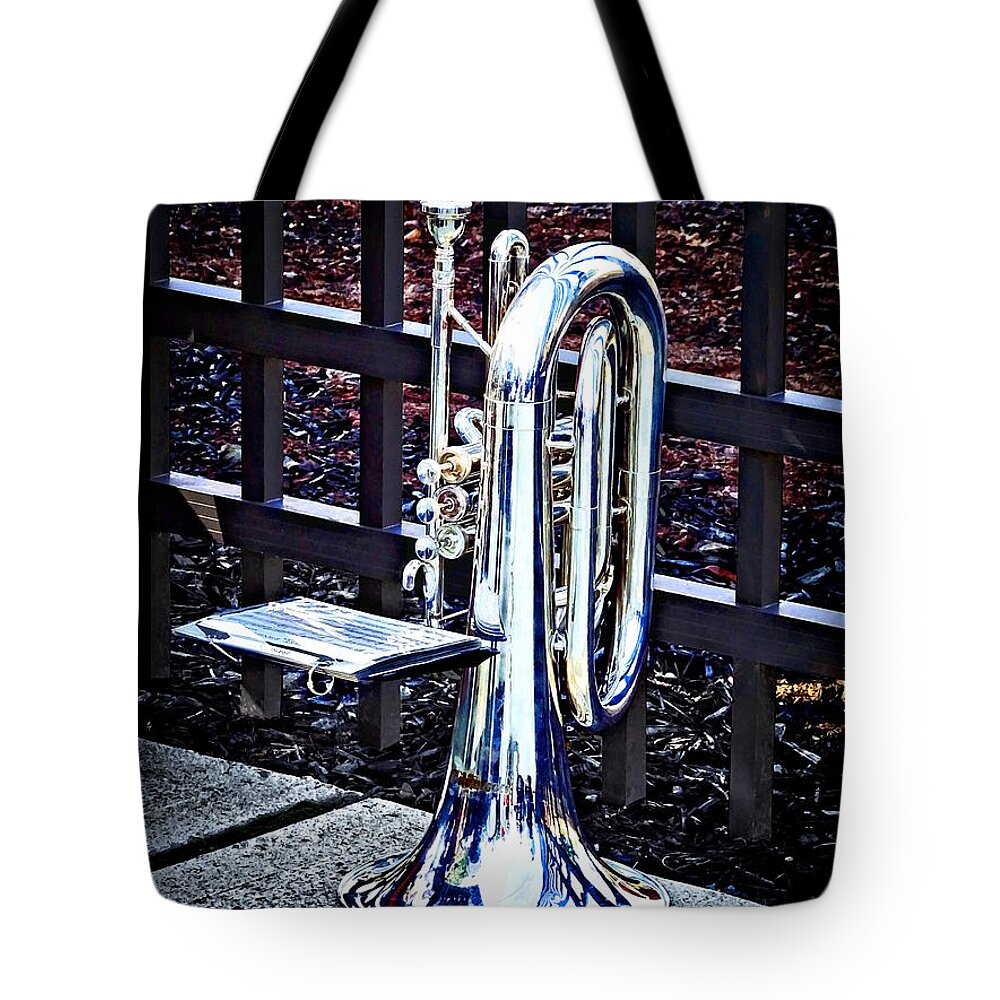 Brass Tote Bag featuring the photograph Baritone Horn Before Parade by Susan Savad