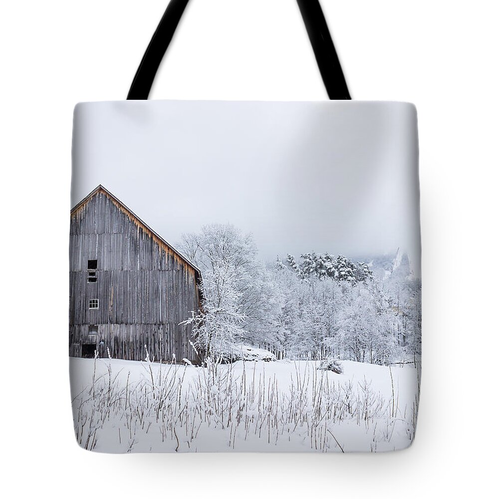Barn Tote Bag featuring the photograph Barn After Snow with Ski Trails by Tim Kirchoff