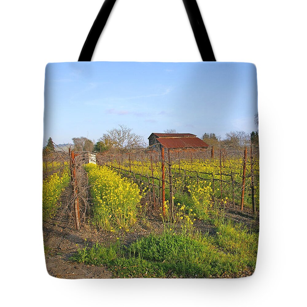 Mustard Tote Bag featuring the photograph Barn Among the Wild Mustard by Tom Reynen
