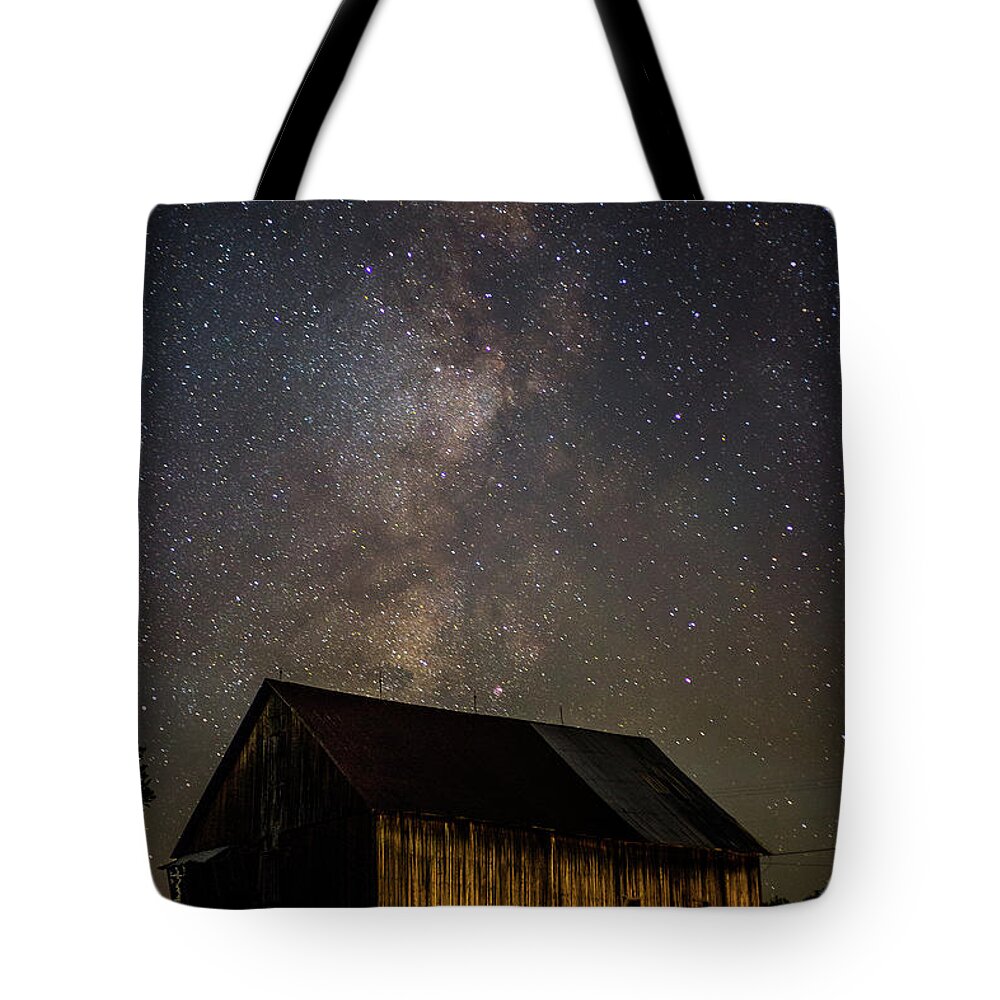Barn Tote Bag featuring the photograph Barn and Milky Way Close-up by Tim Kirchoff