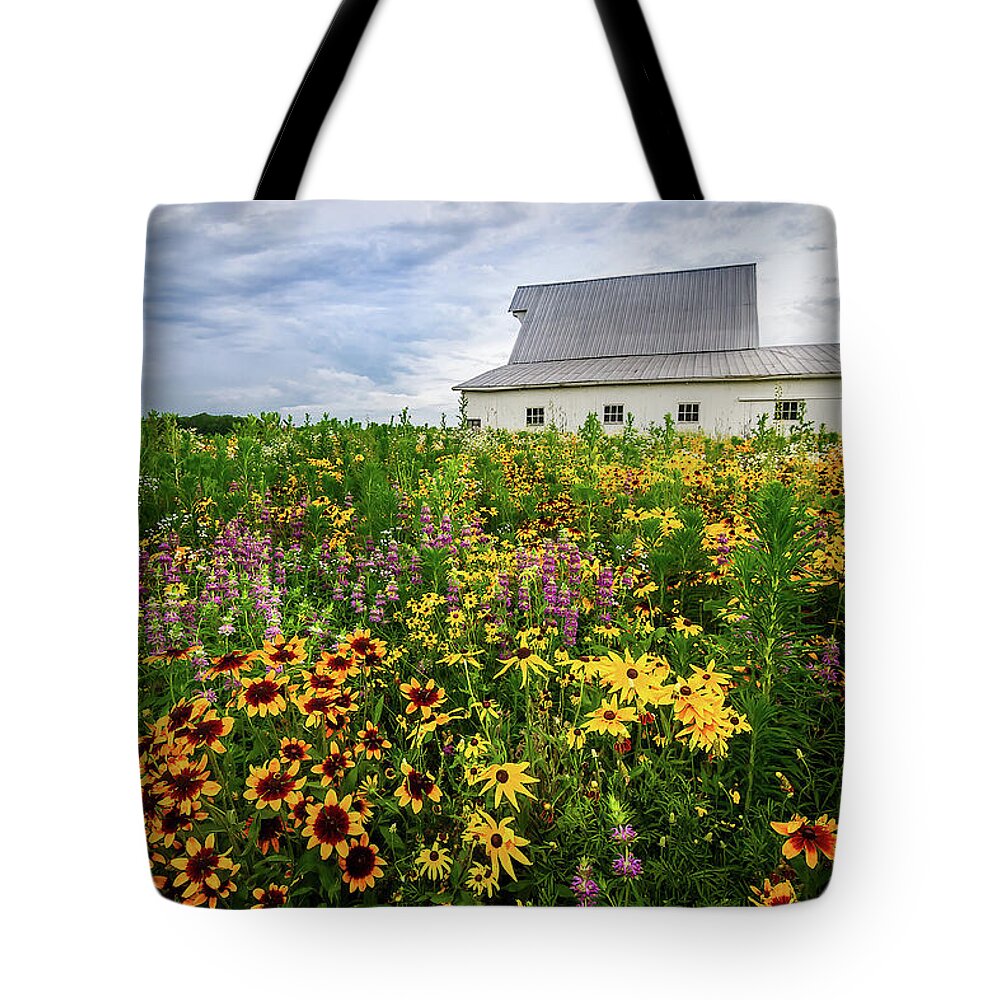 Gloriosa Daisy Tote Bag featuring the photograph Barn and Wildflowers by Ron Pate