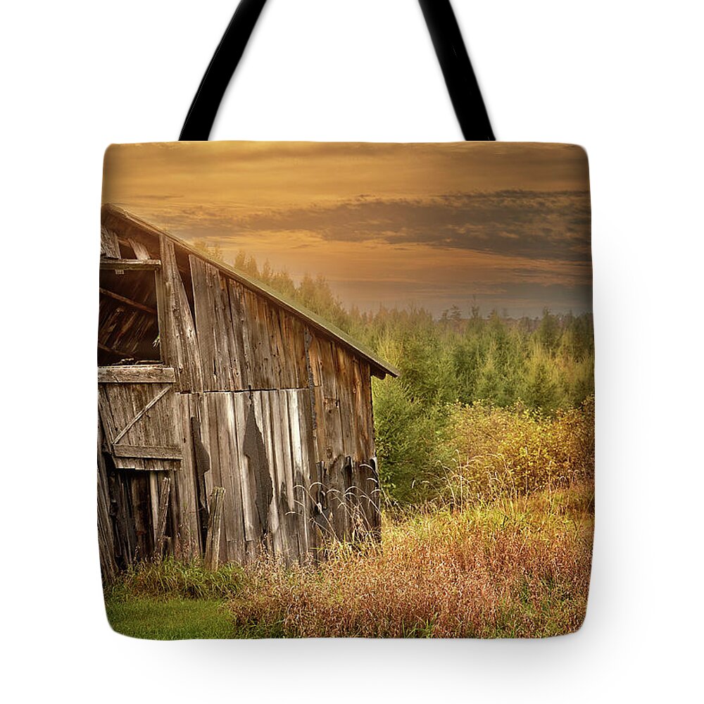 Old Barn Print Tote Bag featuring the photograph Barn at Sunset Print by Gwen Gibson