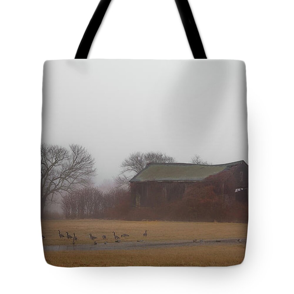 Barn Tote Bag featuring the photograph Barn in Fog - Color by Kirkodd Photography Of New England