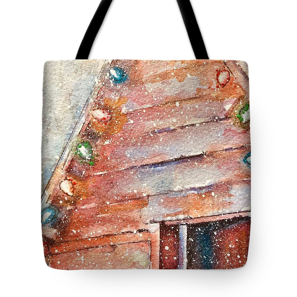 Christmas Cards By Rebecca Matthews Tote Bag featuring the painting Barn in snow by Rebecca Matthews