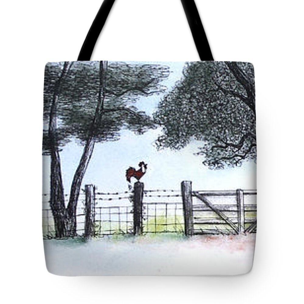 Rooster Tote Bag featuring the pastel Barn with Trees and the Rooster by Michele Fritz