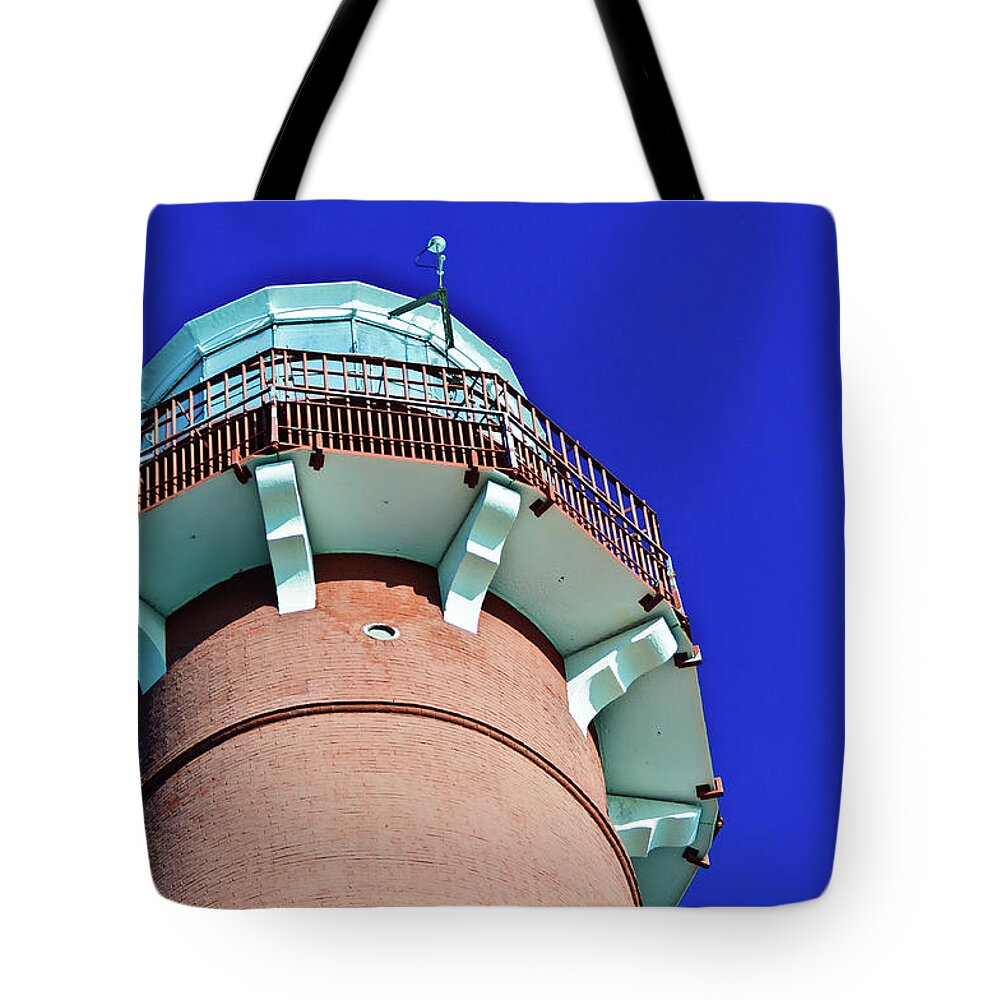 Barnegat Light Tote Bag featuring the photograph Barnegat Lighthouse Top by Louis Dallara